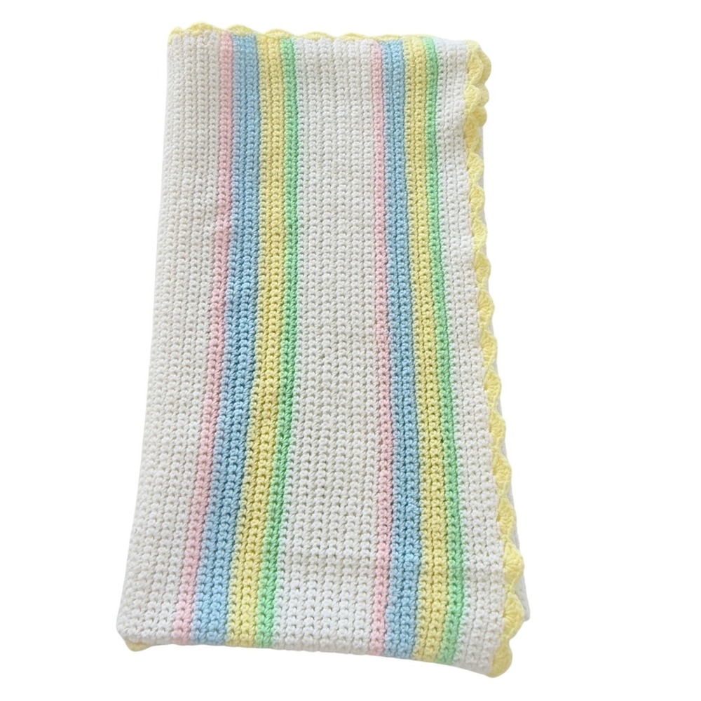 Handmade Crochet Baby Blanket Baby 44x56 Pastel Rainbow Stripe Scalloped Edge
